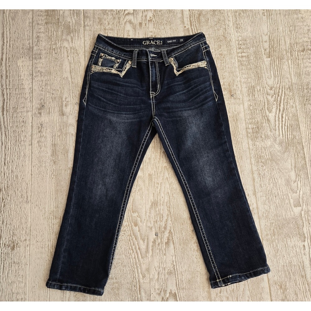 Grace in LA Women Easy Fit Dark Wash Western Embellished Bootcut Jeans Size 29